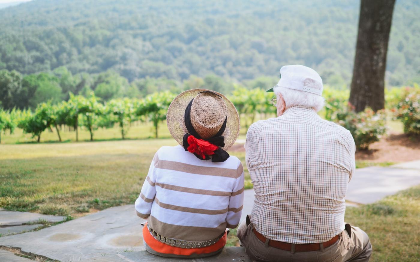 An elderly man and woman sitting together. They have their backs to the camera and are looking out at a vineyard.